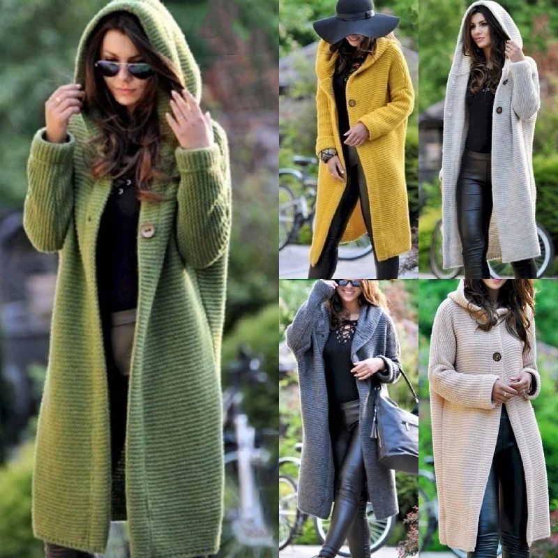 Button Hooded Solid Color Sweater Coat Cardigan NG5135 Tailored Straight A-Line