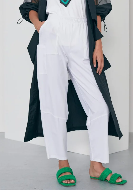 Naya Side Patch Pocket Trousers, White Wide Leg Loose Fit Mid Waist