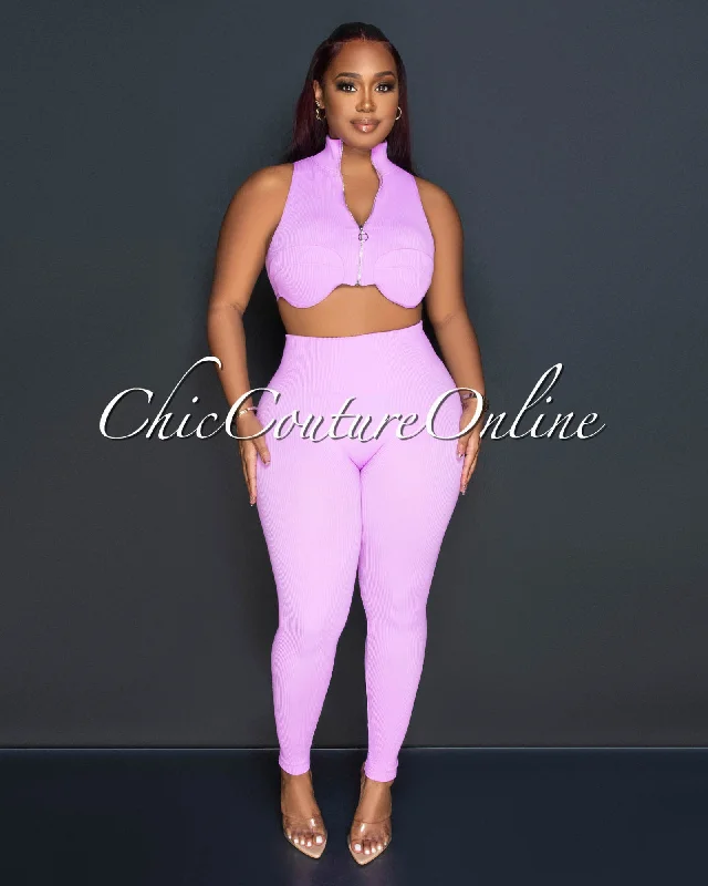 Kristy Lilac Ribbed Crop Top & Leggings Sculpting Set Zippered Front Buttoned Front Snap Front