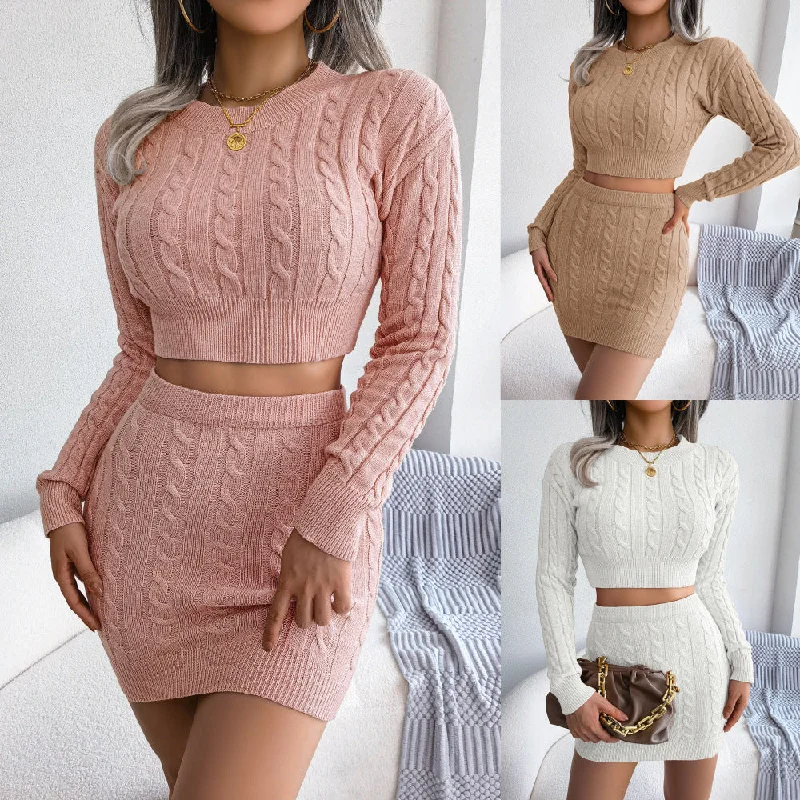 Twist Navel-exposed Sweater Bag Hip Skirt Knitted Two-piece Suit (CL11085) Casual Formal Business