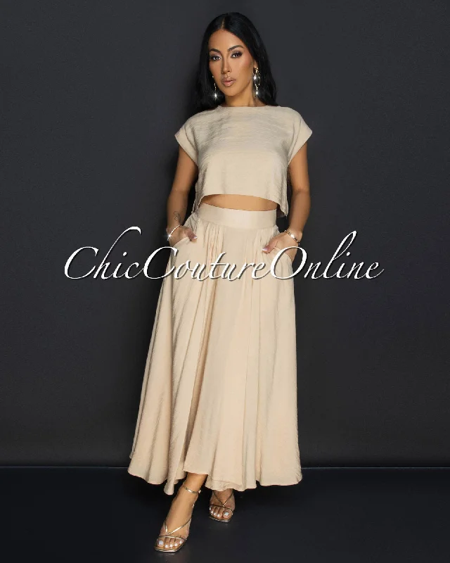 Desideria Mocha Crop Top & Maxi Skirt Set Notch Collar Peter Pan Collar Cowl Neck