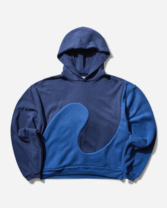 Men's Swirl Fleece Hooded Sweatshirt Blue Hoodie with Puffed Sleeves Voluminous Trendy