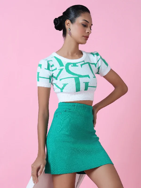 Women Green Graphic Crop Top-OC-M-1830-Green Mesh Fabric Canvas Fabric Denim Fabric