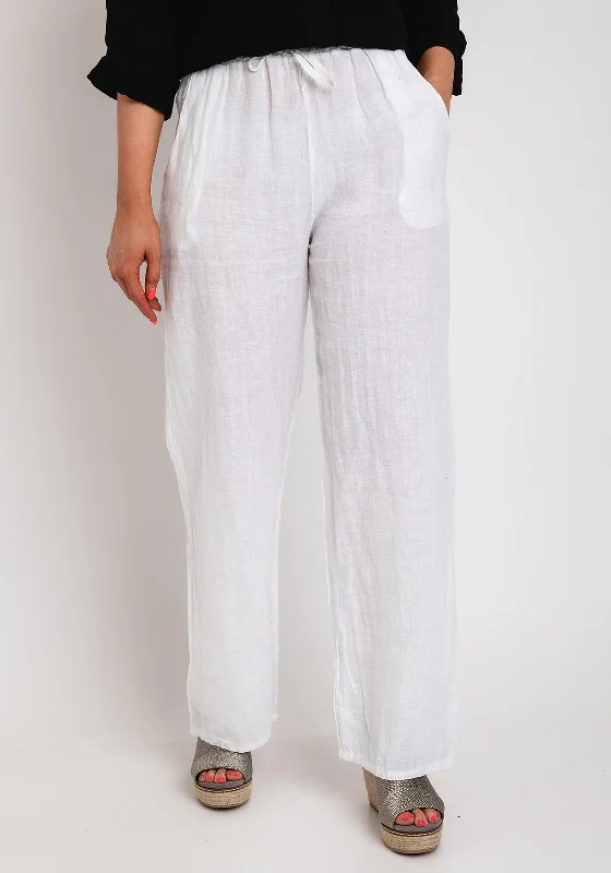 Serafina Collection One Size Linen Wide Trouser, White Trousers Floral Bohemian