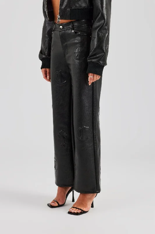 Embossed Cross Straight Leg PU Trouser - Black Trousers New Arrival