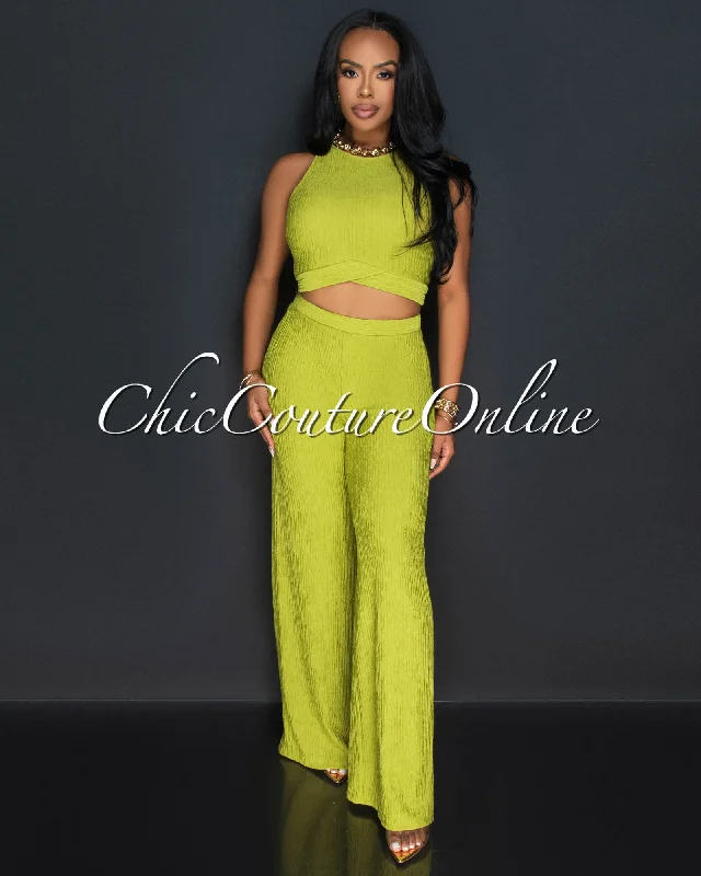 Rohana Lime Crop Top & Wide Pants Textured Set Lace Blend Ribbed Blend Corduroy Blend