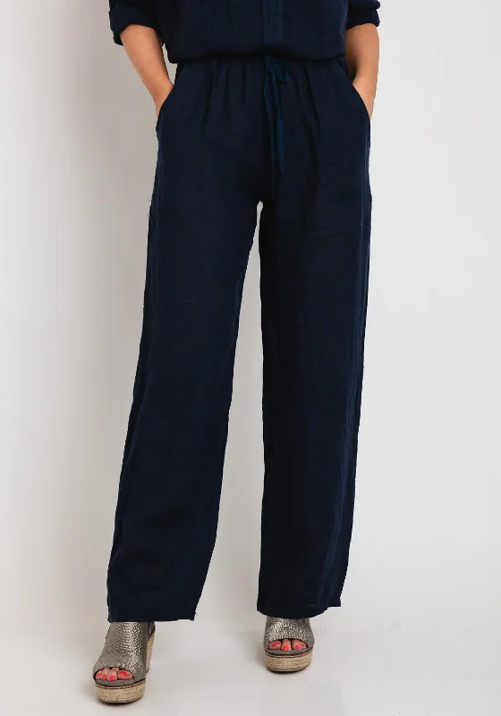 The Serafina Collection One Size Linen Wide Trouser, Navy Trousers Striped Patterned