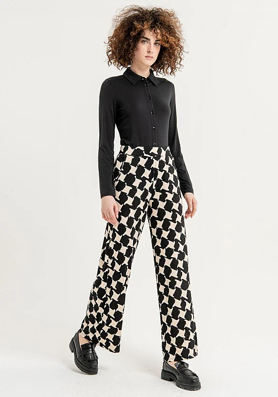 Surkana Houndstooth Print Wide Leg Trouser, Black & Beige Trousers cozy comfortable