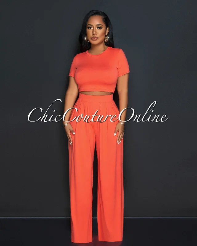 Rossy Coral Crop Top & Wide Leg Pants Set Chenille Blend Fleece Blend Nylon Blend