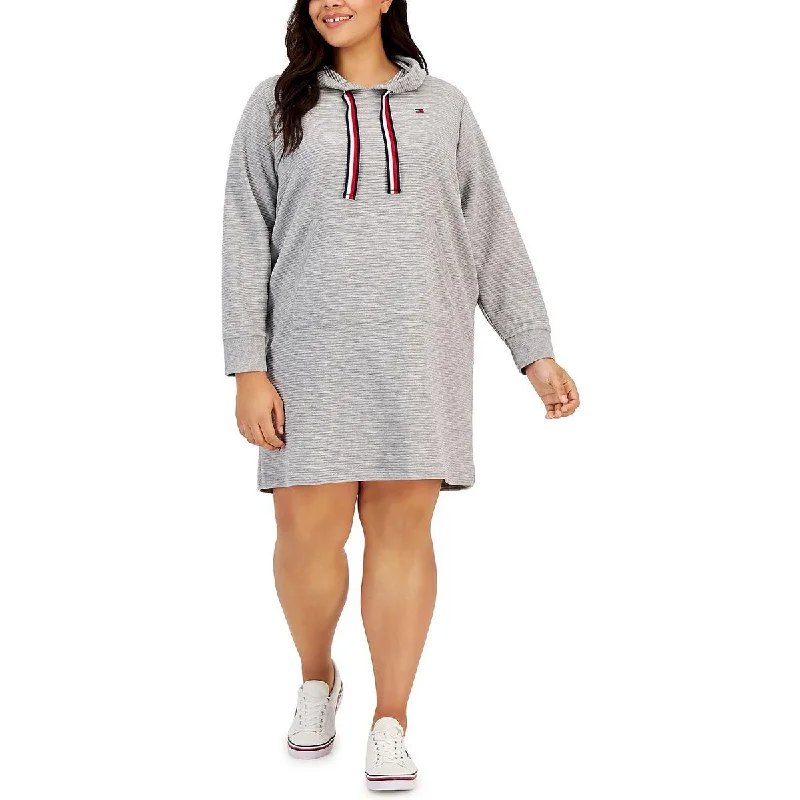 Plus Womens Hooded Ribbed Sweatshirt Dress Hoodie with Zipper Versatile Modern