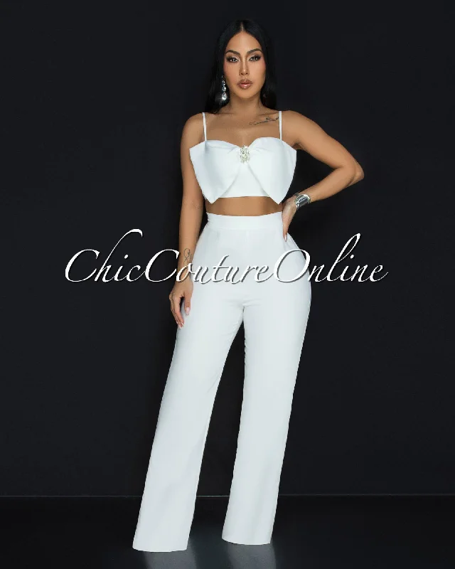 Jeannie Ivory Crop Top Pants Set Graphic Embroidered Appliqued