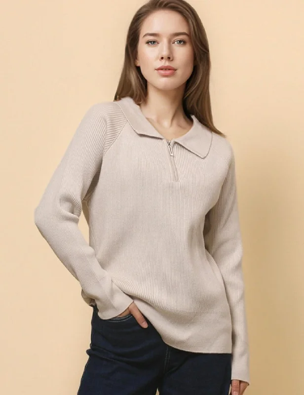 Ladies Solid Color Turndown Collar Rib Pullover Sweater SKT4793 Fleece Sweater Nylon Polyester