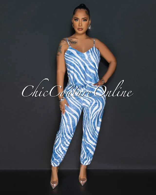 Lorne Blue White Print Crop Top & Joggers Set Houndstooth Herringbone Solid