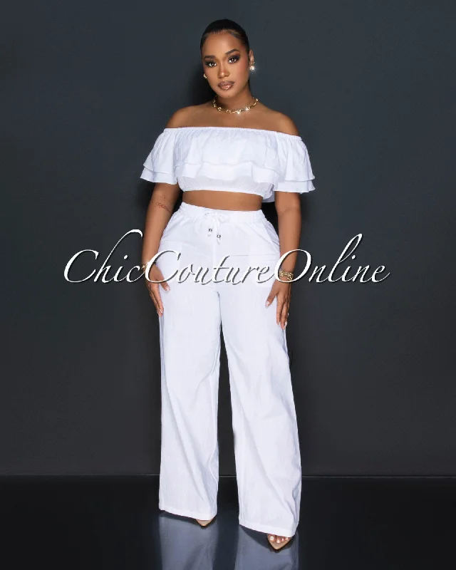 Yuri White Ruffle Crop Top & Wide Pants Set Anti-Shrink Durable Soft