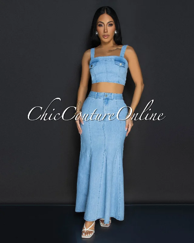 Zeya Light Denim Crop Top & Maxi Skirt Set Wool Fabric Cashmere Fabric Tweed Fabric