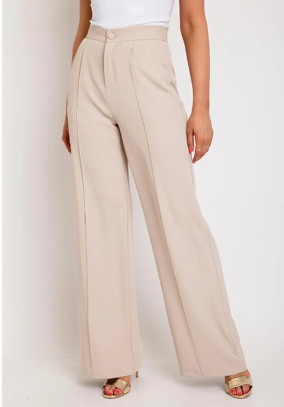 The Sofia Collection Wide Leg Trousers, Beige High Waist Slim Fit Ankle Length