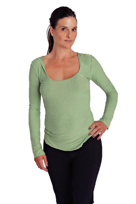 Deep Scoop Neck Long Sleeve Hoodie Top (Bamboo Green) by 4-rth Hoodie with Hidden Zipper Minimalist Clean