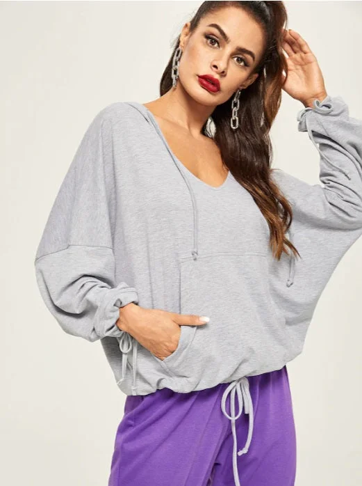 Casual Loose Gray Deep V Sweatshirts Pullover / Yoga Hoodie with Set-In Sleeves Structured Classic