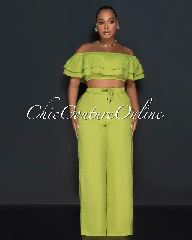 Yuri Olive Green Ruffle Crop Top & Wide Pants Set Chenille Blend Fleece Blend Nylon Blend