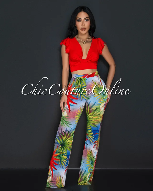 Sariah Red Tropical Ruffle Crop Top & Wide Legs Set Mesh Blend Leather Blend Suede Blend