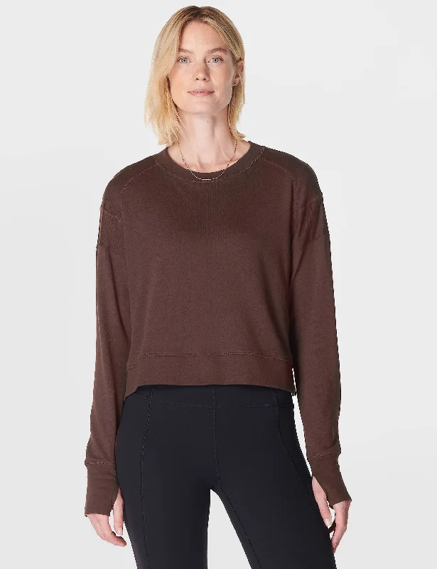 After Class Crop Sweatshirt - Cacao Brown Hoodie with Ribbed Cuffs Snug Fit Comfort