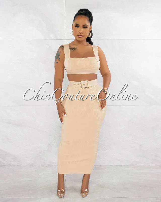 Megan Nude Crop Top & Belted Maxi Skirt Bandage Set Modern Contemporary Chic