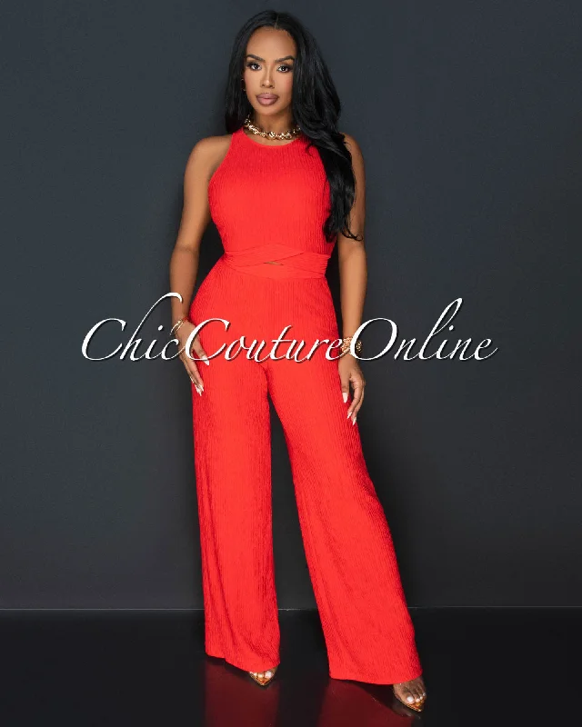 Rohana Orange Crop Top & Wide Pants Textured Set Mesh Blend Leather Blend Suede Blend