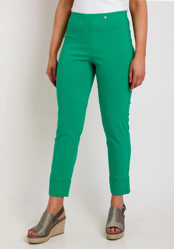 Robell Bella 09 Turn Up Ankle Grazer Trousers, Green Trousers Elastic Waist Soft