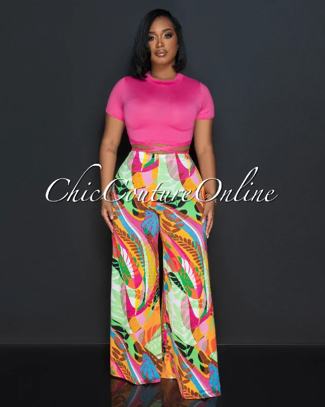 Maxine Fuchsia Crop Top & Multi-Color Print Wide Pants Set Fleece Fabric Down Fabric Feather Fabric