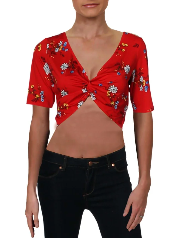 Polly & Esther Womens Floral Print Short Sleeves Crop Top Layered Multi-layer Single Layer