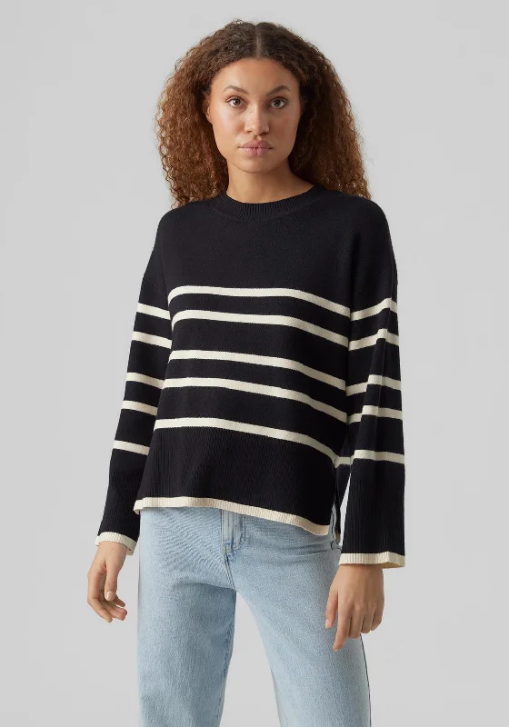 Vero Moda Saba Stripe Print Sweater, Black Zippered Buttoned Snapped