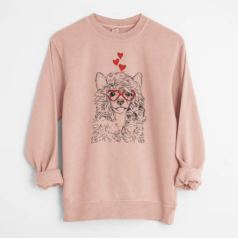 Valentine Preston the Powderpuff Chinese Crested - Unisex Pigment Dyed Crew Sweatshirt Hoodie with Hem Frayed Vintage Worn