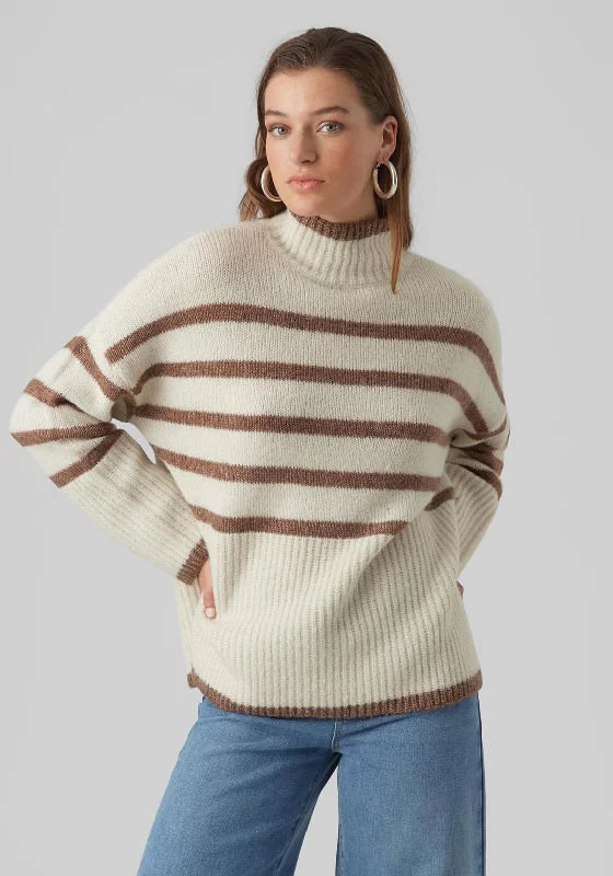 Vero Moda Wiona Striped Knit Jumper, Birch & Brown Solid Print Embellished