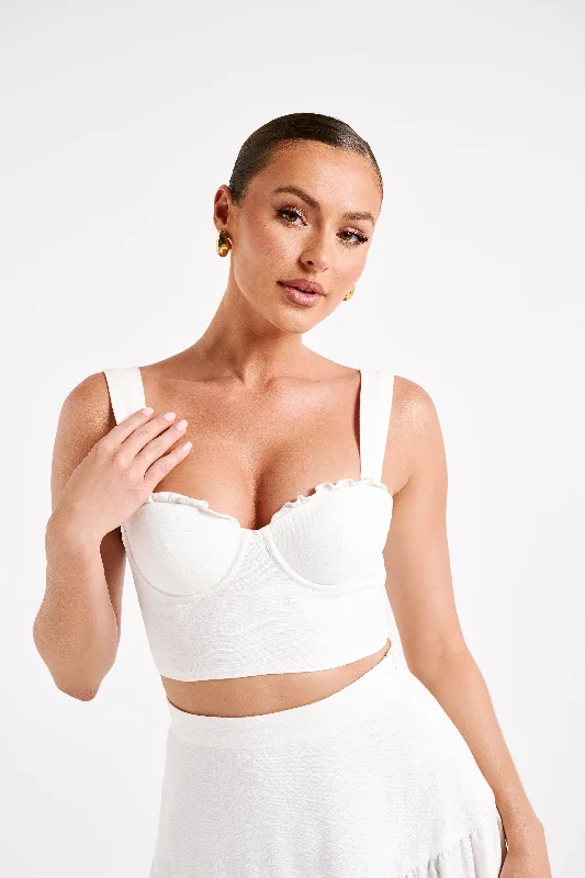 Hilaria Cupped Linen Crop Top - White Collared Crew Neck Turtle Neck