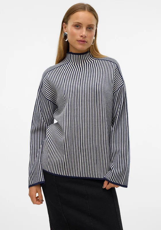 Vero Moda Gold Pinstripe High Neck Jumper, Navy Anti-Pilling Anti-Shrink Durable