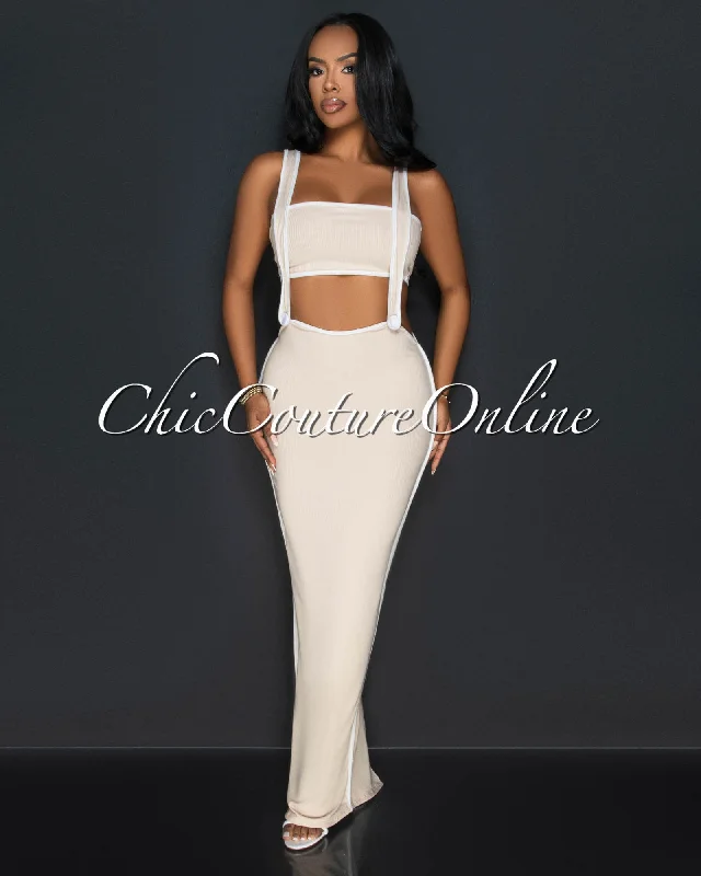 Ola Nude White Tube Crop Top & Overall Skirt Set Seamless Knitted Crochet