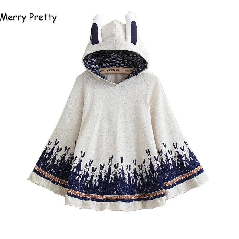 Merry Pretty Cloak outerwear women autumn rabbit print ear stereo hoodies coat cotton pullover poncho jacket cloak hooded coat Hoodie with Drop Shoulder Relaxed Streetwear