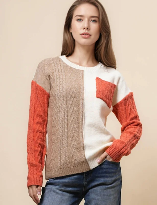 Ladies Cable Knit Color Block Pullover Sweater SKT41011 Solid Color Striped Floral Print