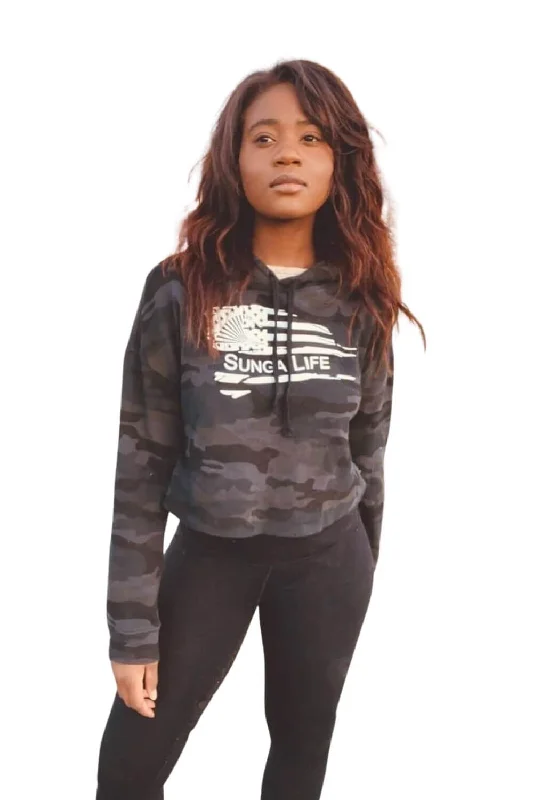 Black Camo Crop-Top Women's Hoodie | Sunga Life Hoodie with Embroidery Detailed Premium