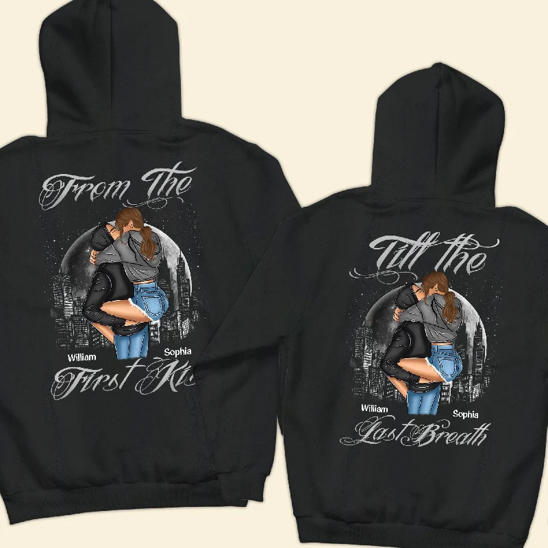 From The First Kiss Till The Last Breath - Personalized Matching Couple Back Printed Hoodies Hoodie with Exposed Zipper Edgy Industrial