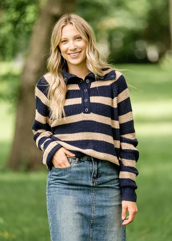Glenda Navy Stripe Quarter Snap Sweater - FINAL SALE Slim Fit Regular Fit Oversized