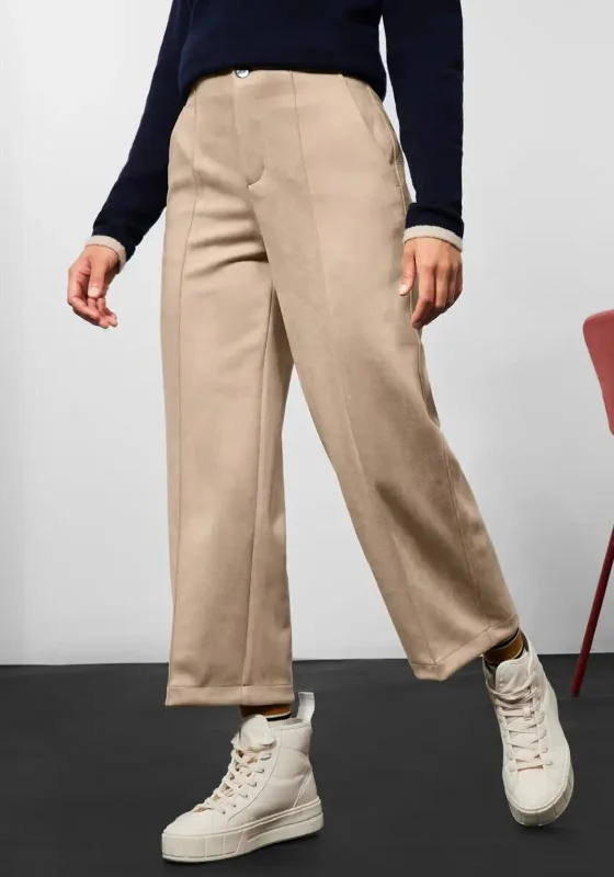 Street One Wide Leg Suede Trousers, Light Buff Sand Trousers Lace Delicate