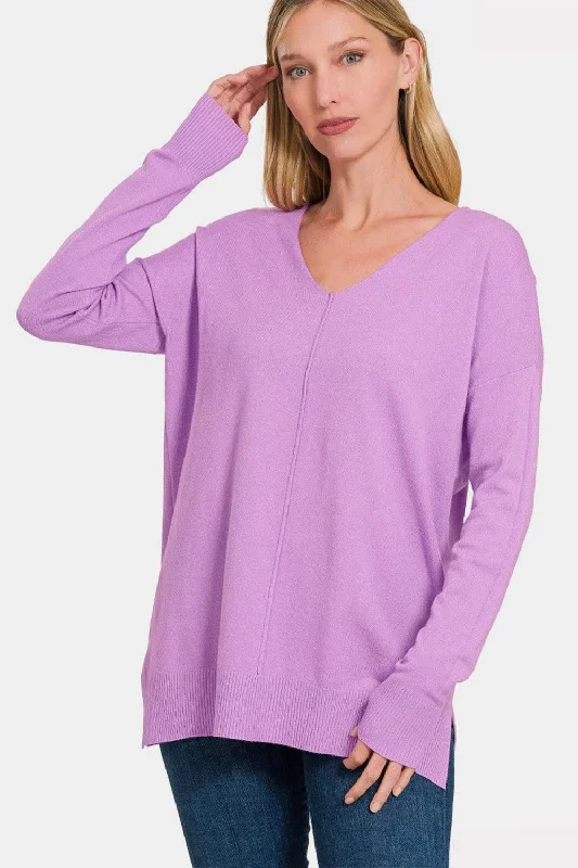 Zenana Slit V-Neck Dropped Shoulder Sweater Collared Crew Neck Turtle Neck