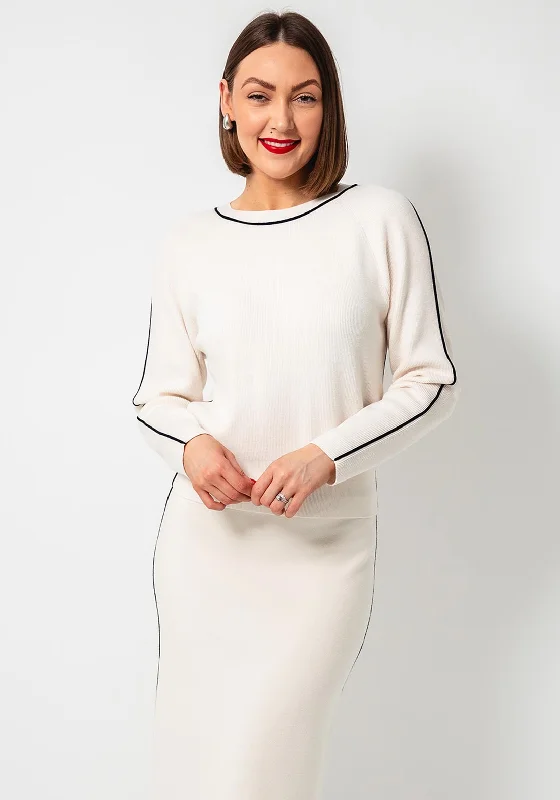 Oui Contrast Piped Ribbed Sweater, Cream Lightweight Heavyweight Midweight