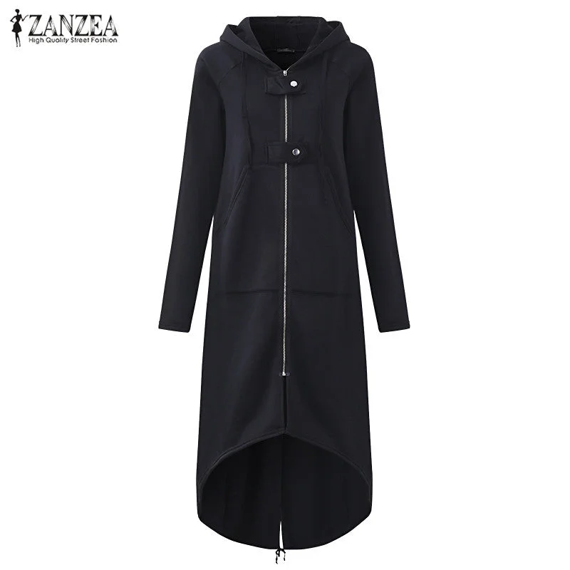 Plus Size 2018 ZANZEA Autumn Hooded Long Sleeve Zip Sweatshirt Hoodies Coat Women Solid Long Jacket Irregular Hem Black Outwear Hoodie with Slit Hem Functional Movement