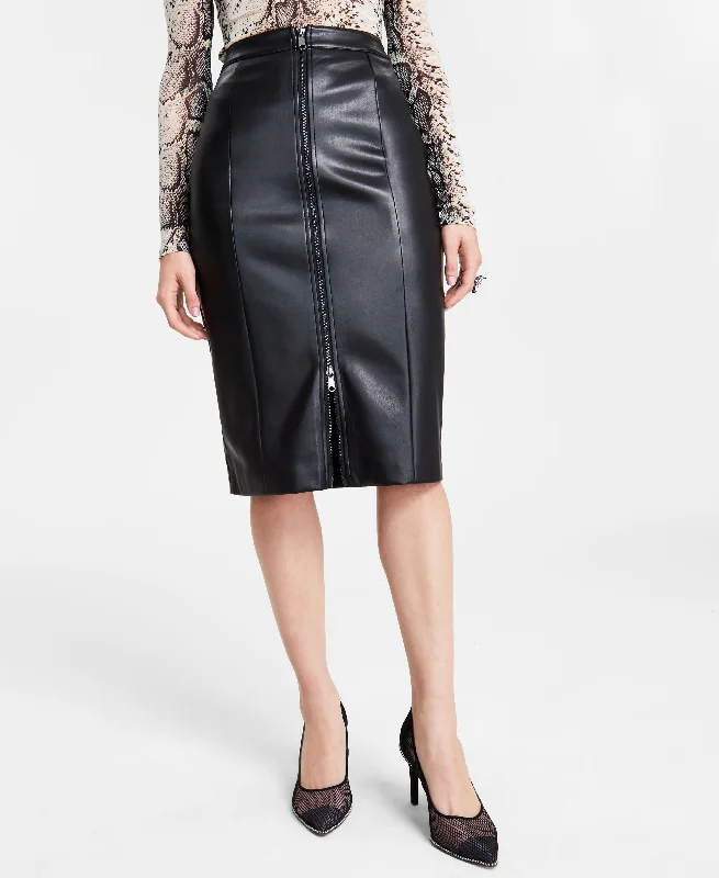 Women's Faux-Leather Zip-Front Midi Skirt modal blend skirt
