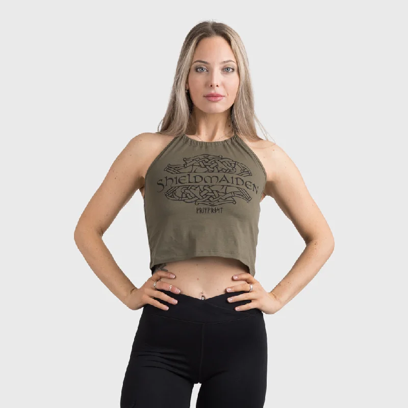 Crop Top, Shieldmaiden, Green Satin Blend Silk Blend Wool Blend