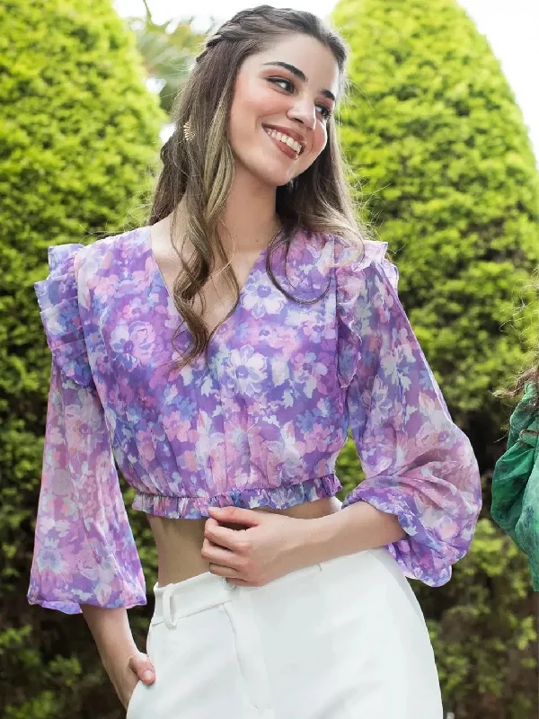 Floral Purple Front Gathered Crop Top-17315 Wool Fabric Cashmere Fabric Tweed Fabric