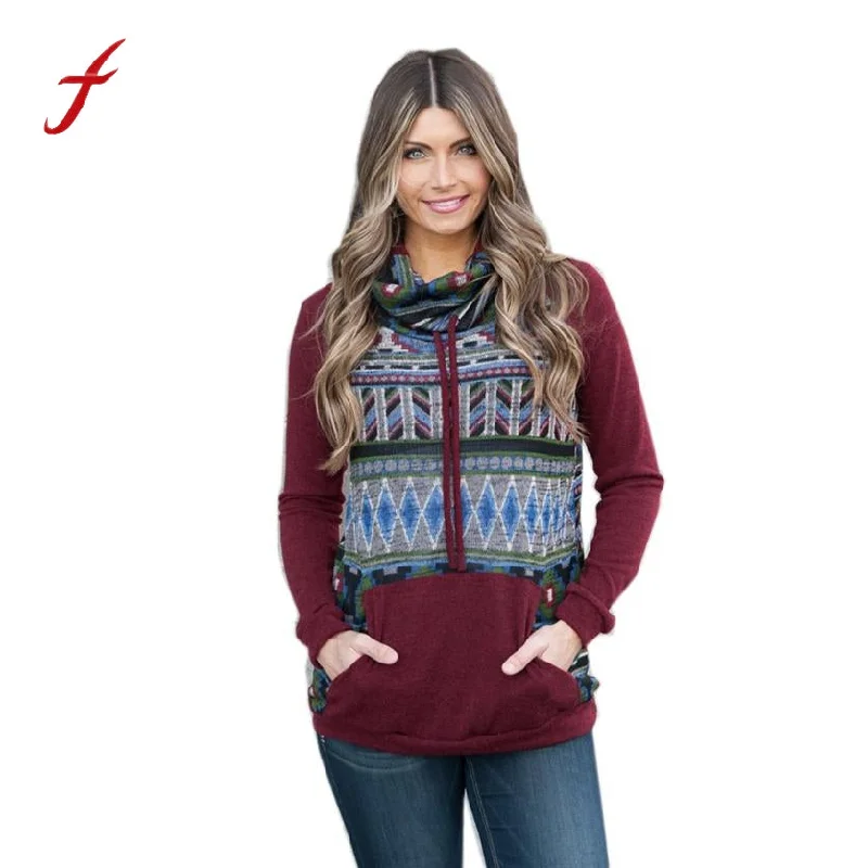 Feitong Boho Fashion Autumn Women Sweatshirts Causal Long Sleeve Printed Kangaroo Pocket Tops Hooded moletom feminino inverno Hoodie with Turtle Neck Cozy Winter