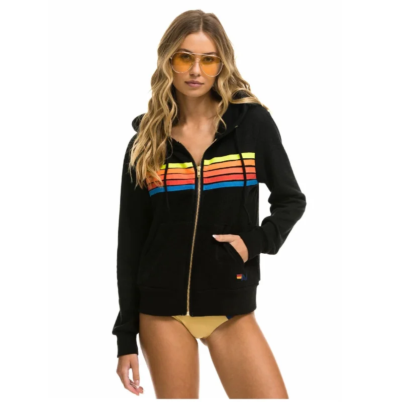 5 Stripe Zip Hoodie Black/Neon Rainbow Hoodie with Contrast Stitching Detailed Premium